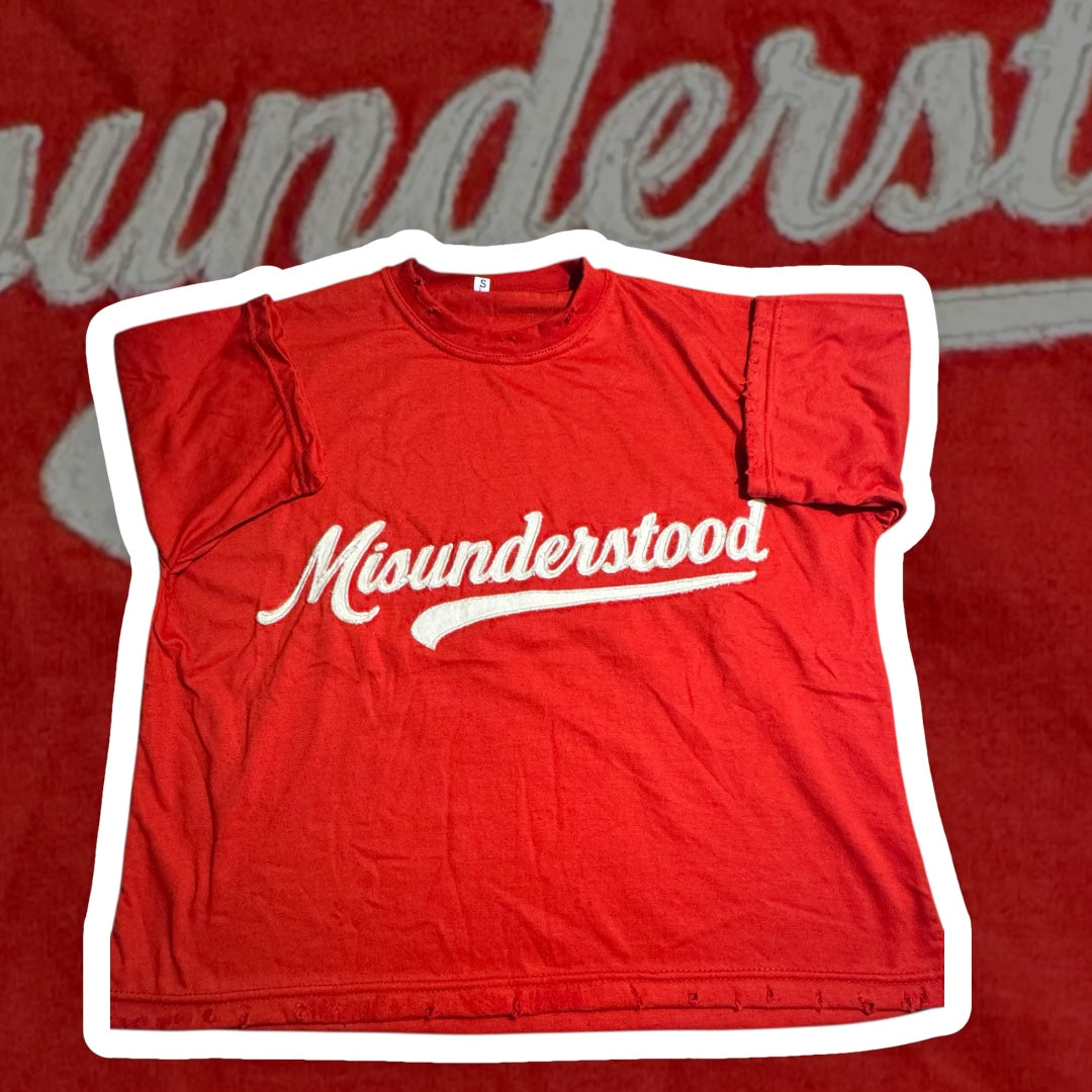 Red/off White Boxy Distressed Tee