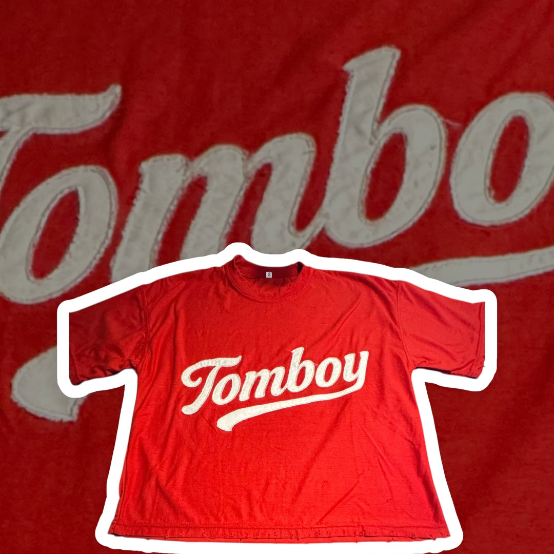 Red/off White Boxy Distressed Tee