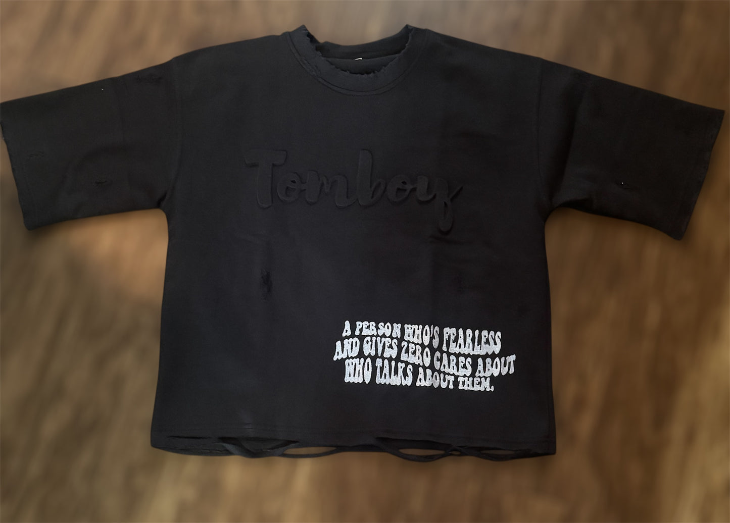 Tomboyfit Embossed Boxy Crop Top – Distressed Edition