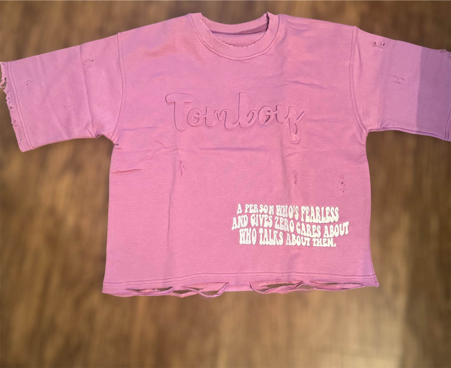 Tomboyfit Embossed Boxy Crop Top – Distressed Edition